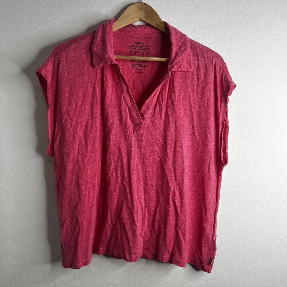 Ecoalf Shirt Womens XL Pink 100% Linen Sustainable Short Sleeve Polo Top‎